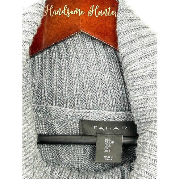 Tahari Women Size L Sweater Dress Storm Gray Cable Knit Cowl Neck Midi Sheath T3 - Picture 10 of 12